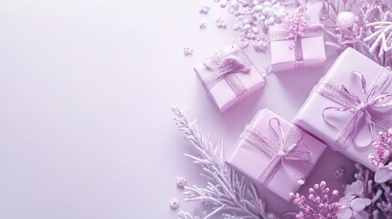 Elegant lilac gift boxes with delicate winter decorations on pastel background