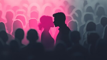 Pink silhouette of couple standing in monochrome crowd of different people,surreal unique and different concept,loneliness in society,shadow,freedom,Love,be yourself,Stand out from the crowd.