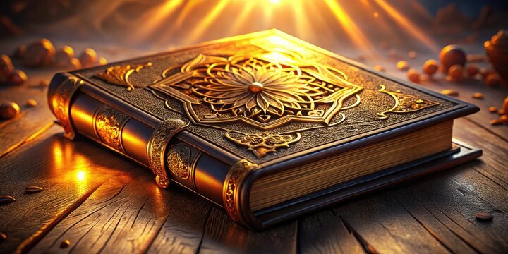 A beautifully crafted leather-bound book with golden filigree and ornate details, against a warm, soft-lit background, evoking a sense of sacred tradition and spiritual reverence.
