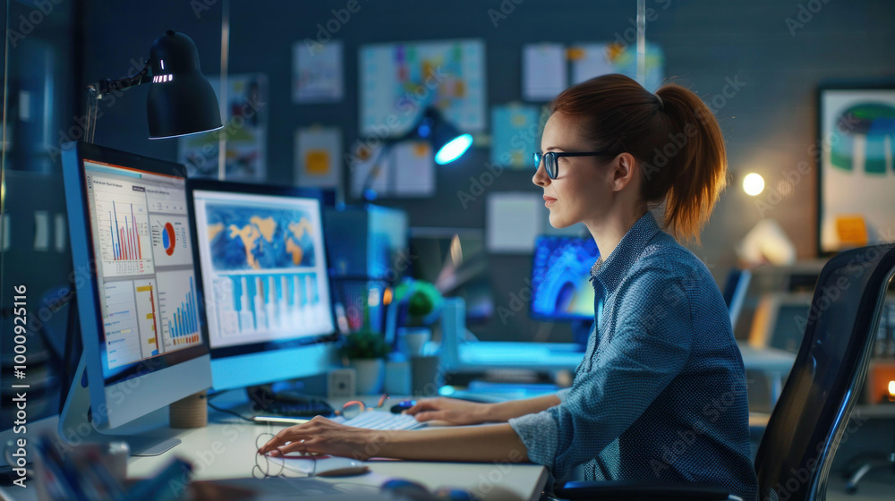 Poster focused woman works on multiple computer screens in modern office, analyzing data and creating visual presentations. atmosphere is vibrant and tech savvy, showcasing blend of creativity and