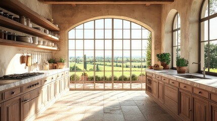 Fototapeta premium A luxurious Tuscan villa kitchen, with stone floors, marble countertops, and large windows framing views of the rolling countryside