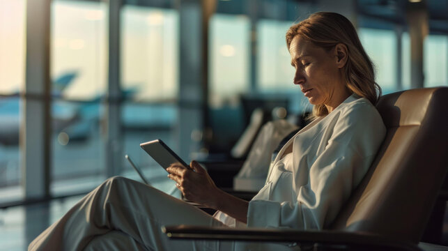 woman in white outfit is sitting in airport lounge, focused on her tablet. warm light from windows creates serene atmosphere, perfect for relaxation and waiting