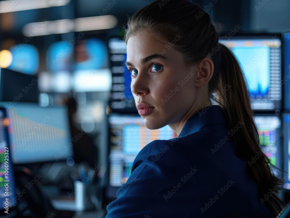Poster focused woman in professional setting analyzes data on multiple screens, showcasing her determinatio