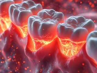 Closeup Visualization of Teeth Erupting Through Gums with Glowing Red Inflammation