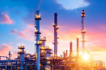 Obraz premium Majestic Oil Refinery at Dusk with Glowing Metallic Structures and Vibrant Sky. Showcasing the industrial might and technological prowess of the energy sector.