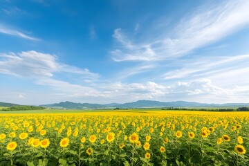 Fototapeta premium Panoramic View of a Sunflower Field in Full Bloom Stretching Towards the Horizon Under a Vibrant Blue Sky. Serene and Picturesque Rural Landscape with Lush Yellow Flowers in a Vast.