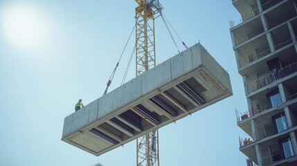 Construction Workers Guiding a Concrete Slab Being Lifted by a Crane at a High-Rise Building Site