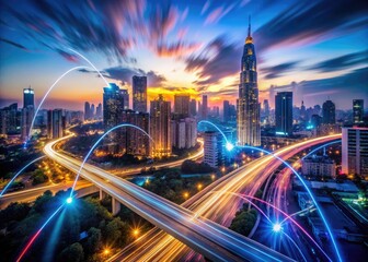 Fototapeta premium A blurred cityscape at dusk with neon lights and data streams swirling around a central hub, symbolizing high-speed digital data transfer and download activity.
