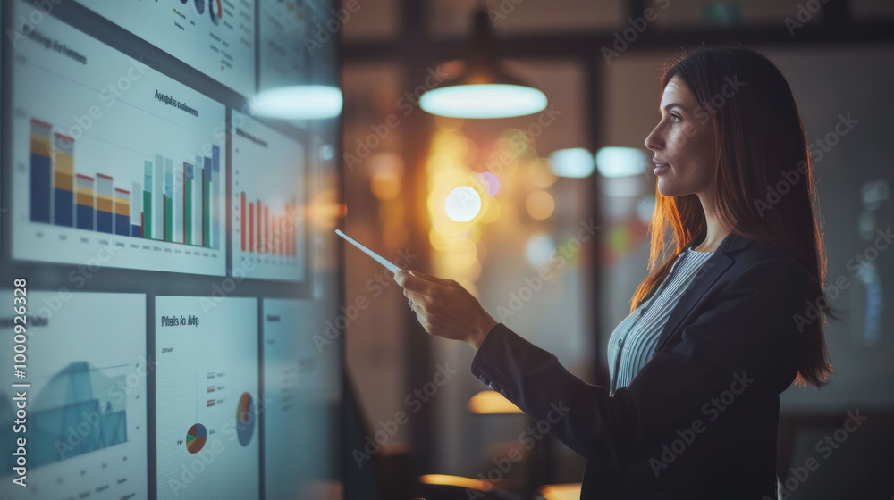 Aufkleber professional woman analyzes data on digital screen, showcasing various graphs and charts. setting is modern and emphasizes focus on analytics and business insights