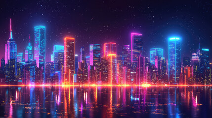 Sleek digital invitation with neon accents for industry celebration Vivid skyline and stylish fonts