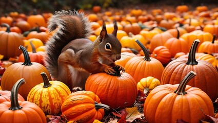 This delightful image captures a squirrel exploring a vibrant patch of autumn pumpkins, embodying the essence of fall.