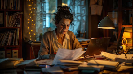 woman is focused on her work at cluttered desk, surrounded by papers and laptop, creating cozy yet busy atmosphere. warm light adds to inviting ambiance of her workspace
