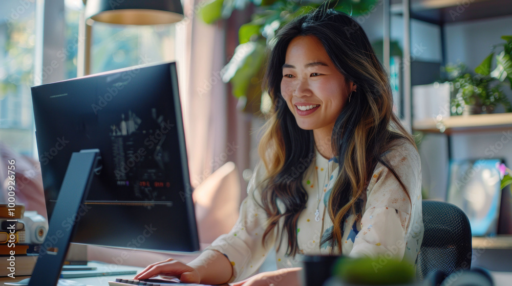 Poster woman is smiling while working on computer in bright, modern workspace filled with plants. her focus