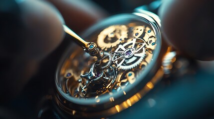 A watchmaker is using a screwdriver to work on the intricate gears of a watch.