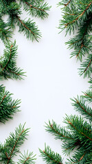 Decorative border frame with evergreen pine branches isolated on white background with copy space for text
