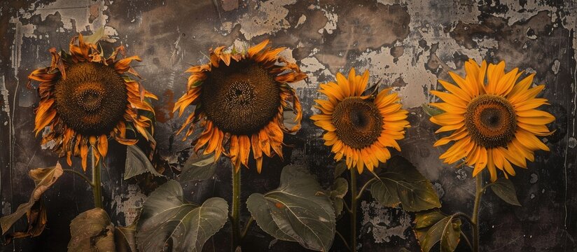 Four Fresh Sunflowers Ready For The Seeds Collection Sunflower Harvest With The Seeds Visible Image