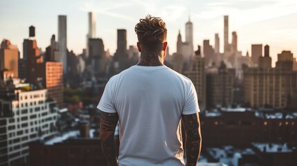 A man with tattoos on both arms is wearing a white t-shirt.