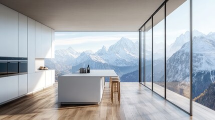A minimalist alpine kitchen, with wooden floors, sleek white cabinetry, and floor-to-ceiling windows framing views of snow-capped mountains