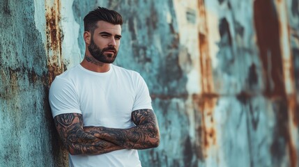 Obraz premium A tattooed man in a white t-shirt stands against a weathered wall.