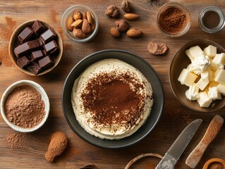 Fototapeta premium Tiramisu Ingredients Arranged on Wooden Surface, Featuring Fresh Cream, Chocolate, Almonds and Cocoa Powder
