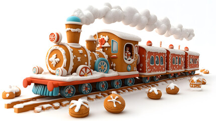 Festive Christmas gingerbread train cookie decorated with colorful icing isolated on white	