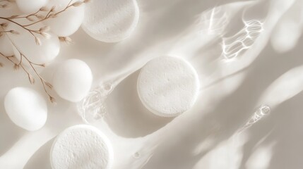 Close-up of cleansing product packaging with cotton pads beside it, water mist giving a cool, fresh effect, arranged on a bright white background.