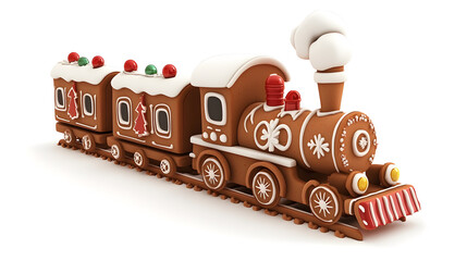 Festive Christmas gingerbread train cookie decorated with colorful icing isolated on white	