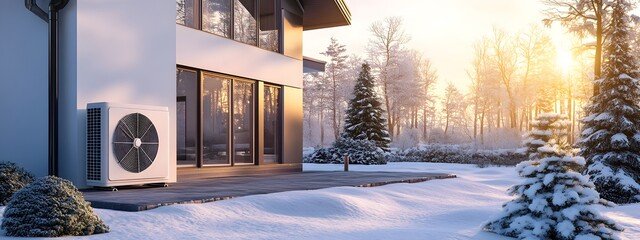The air source heat pump is placed in front of the house, in a winter scene