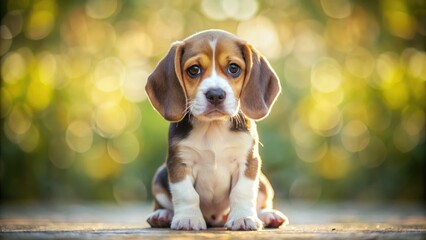 Adorable beagle puppy sits on a soft, blurred background with a gentle focus on its curious eyes and floppy ears, conveying innocence and playfulness.
