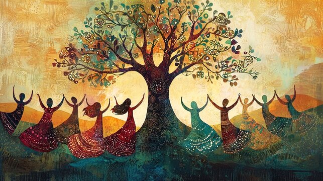 A vibrant, abstract painting depicts a group of individuals dancing in a circle around a large, flourishing tree. The scene captures a sense of unity and celebration, with the figures holding hands an