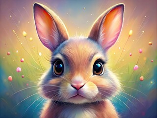 Adorable digital illustration of a bunny's face with cute whiskers, bright eyes, and sweet expression, created using vibrant colors and playful brush strokes.