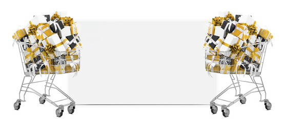 Black Friday Shopping trolley filled with gift boxes adorned with golden ribbons bows, isolated with blank poster with copy space. Banner for sales promotion, online shopping, or special offer