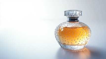Elegant perfume bottle with water droplets on the surface, showcasing luxury packaging on a clean white background, exuding sophistication and freshness.
