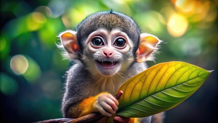 Adorable monkey with big round eyes and fluffy fur playfully sitting on a tree branch, holding a leaf and smiling at the camera innocently.