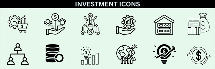 Inflation icon: Price Increase, Cost Surge, Inflation Rate, Economic Impact, and Consumer Prices. Investment Icons set vector illustrator. Finance, Profit, Asset, Investor, Economy. Simple outline