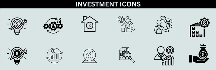 Inflation icon: Price Increase, Cost Surge, Inflation Rate, Economic Impact, and Consumer Prices. Investment Icons set vector illustrator. Finance, Profit, Asset, Investor, Economy. Simple outline
