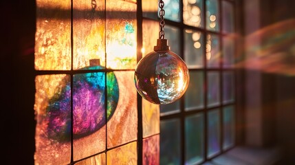 A clear glass orb hangs on a chain in front of a stained glass window. The stained glass features a mixture of colors, including purple, blue, pink, and yellow, through which sunlight streams, creatin