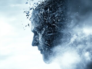A fragmented human face dissolving into particles, symbolizing transformation and the intersection of technology and identity.