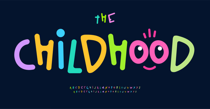 Bright playful doodle alphabet with colorful letters. Joyful font for kid parties, school event, funky joy designs, childhood toy logos, children game headlines. Vector typeset.