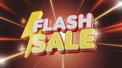 3D Render of Promotional Image for 'FLASH SALE' Vibrant Red Gradient Background with Light Streaks, Bold Text in White and Yellow with Outlines, Accompanied by a Stylized Yellow Lightning Bolt