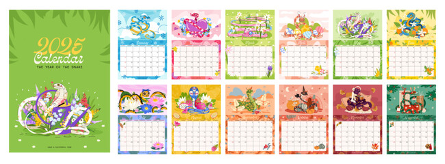 Cute Snake calendar for 2025, the symbol of the year. Monthly calendar with vector illustrations of funny snake character in a flat cartoon style. Vertical pages  format