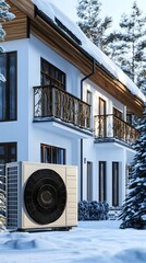 The air source heat pump is placed in front of the house, in a winter scene