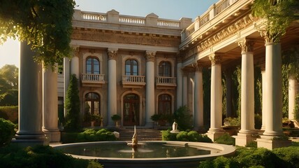 Obraz premium Ancient mansion featuring a grand water fountain and a lush garden, showcasing a rich antique design with columns, reminiscent of a historical Italian villa