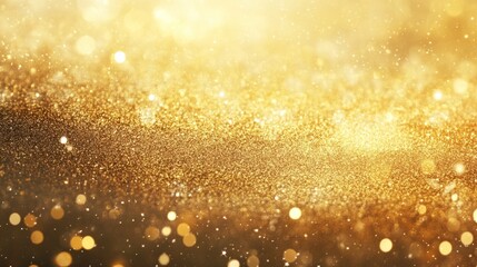 Close-up view of golden glitter texture with glowing bokeh lights, creating a festive and luxurious background.

Luxury background, festive decoration, golden texture, abstract blur