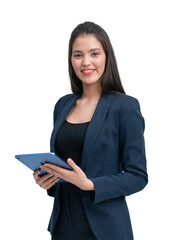 Professional businesswoman in a navy suit holding a tablet, smiling confidently. Isolated on a...