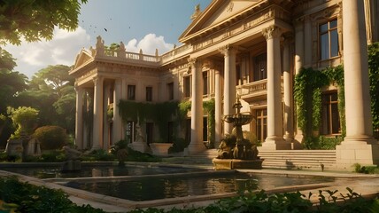 Ancient mansion featuring a grand water fountain and a lush garden, showcasing a rich antique design with columns, reminiscent of a historical Italian villa