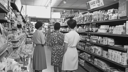 Three women shopping in a grocery store aisle, black and white photo, vertical. The women are of mixed ethnicities, two with short hair and one with curly hair, dressed in vintage clothing, looking at