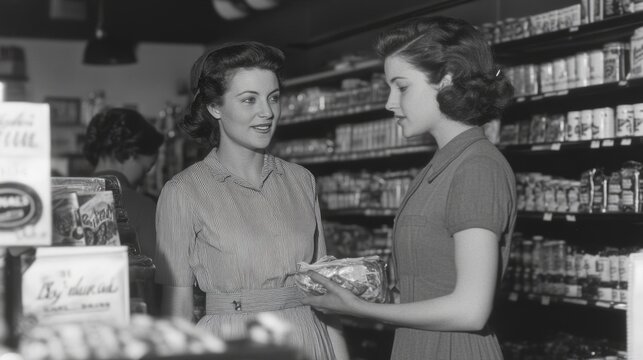 two women shopping in a grocery store aisle, black and white photo, women are of mixed ethnicities, two with short hair and one with curly hair, dressed vintage clothing, looking - Powered by Adobe