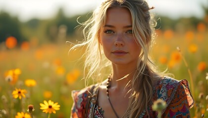 Beautiful Woman in a Field of Flowers.