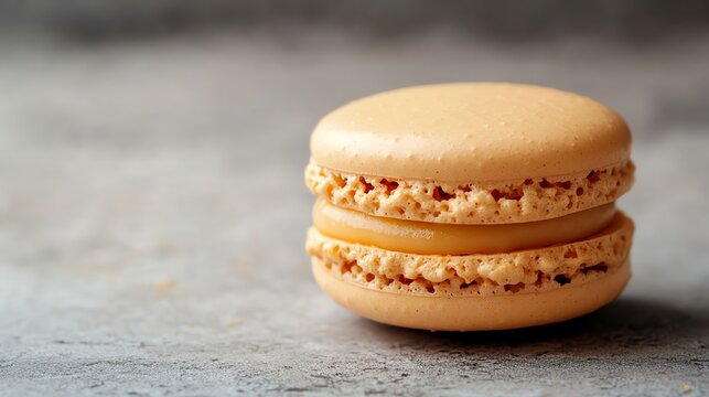 A single orange macaron with caramel filling on a gray background.